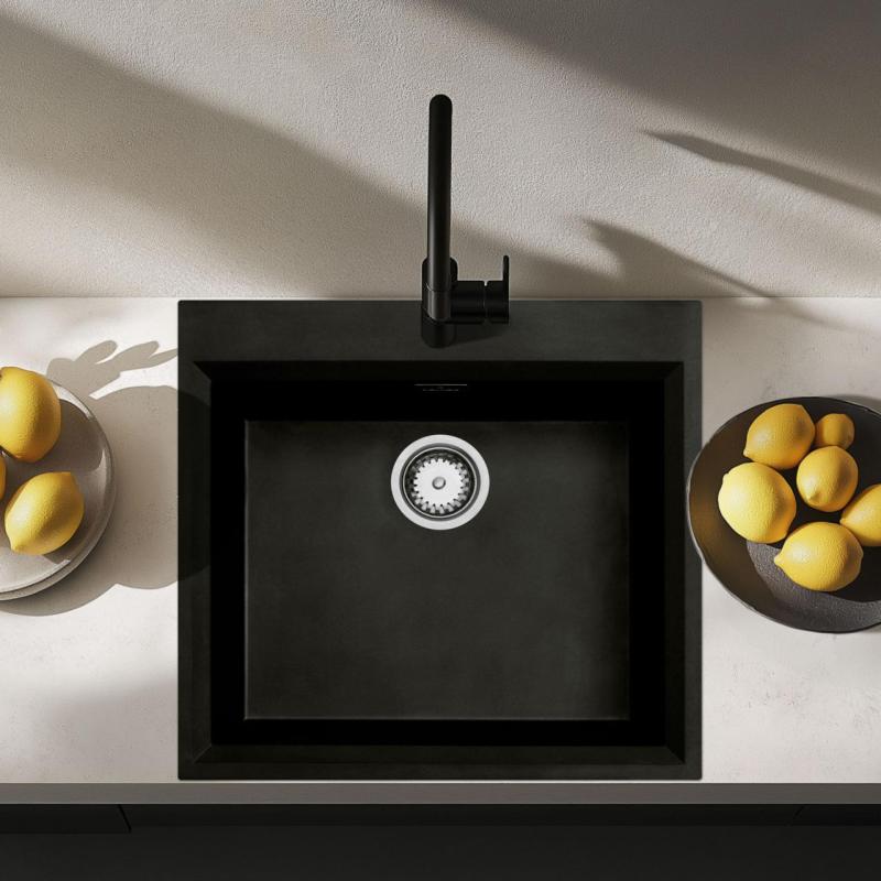Svart påbyggnadssink 58x53 cm med kranhål med rostfritt stålplugg 1208956732