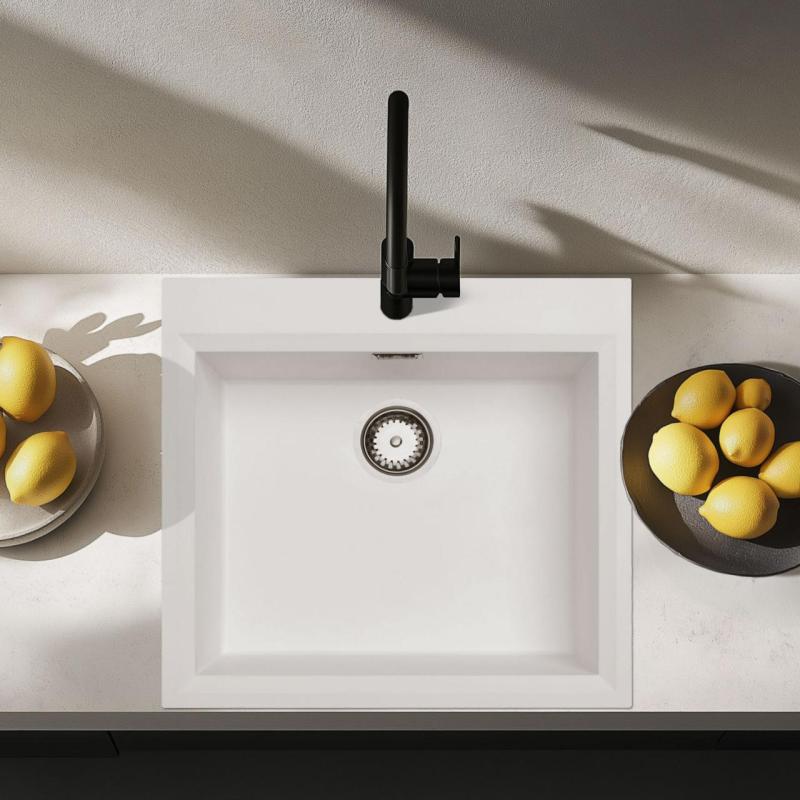 Vit inbyggnadsvask 58x53 cm med kranhål och rostfri plugg 1208956763