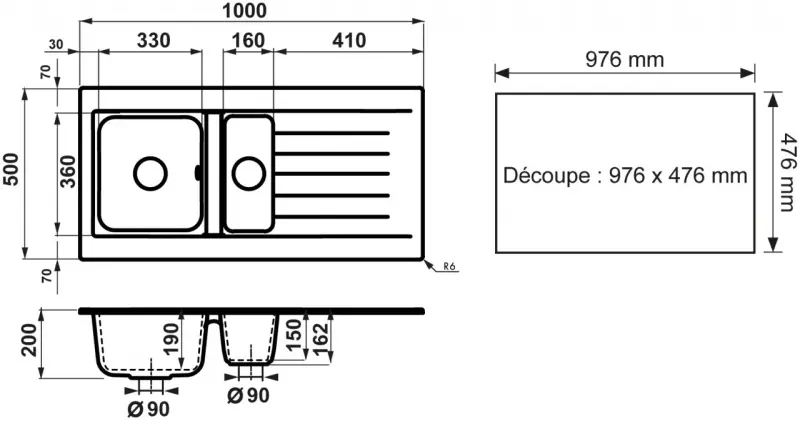 Ausmann Fibre 1,5 svart plastdiskho, vändbar med avrinningsyta, 100x50 cm, med svart plugg 1208956784