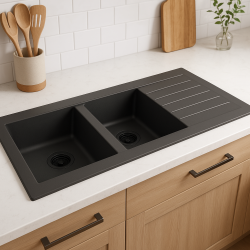 Ausmann Fibre dubbel svart plastdiskho reversibel med avrinningsyta ovanpå 116x50 cm med svart plugg 1208956790