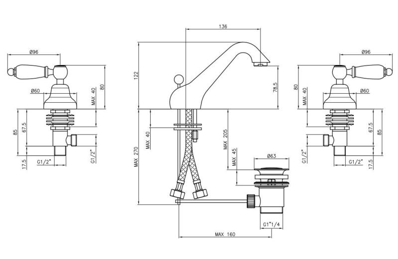 PB klassisk kran 3-håls låg tvättställsblandare Vita handtag Brons 1208956907