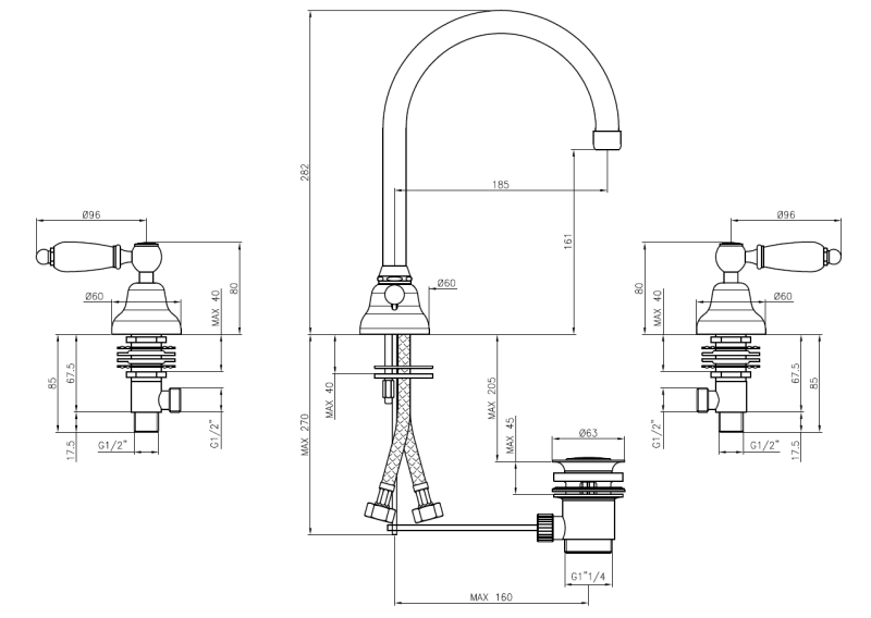 PB klassisk kran 3-håls tvättställsblandare Vita handtag med rund pip Krom 1208956912