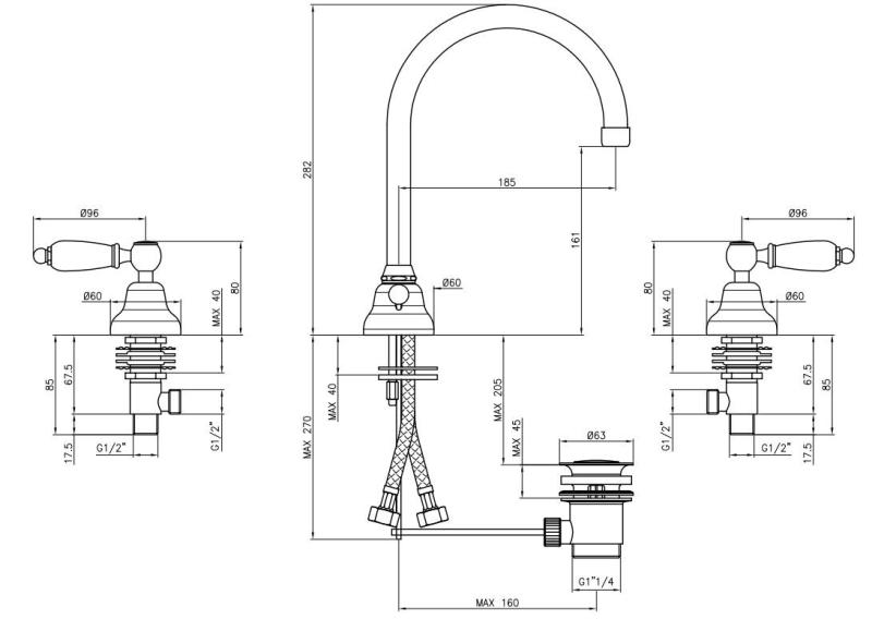 PB klassisk kran 3-håls tvättställsblandare Vita handtag med rund pip brons 1208956913