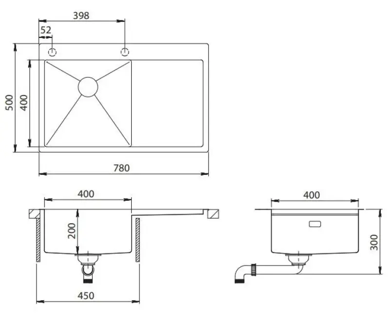Ausmann Turt diskho i kanonmetall med avrinningsdel till höger 780x500mm ovanpåliggande och planmonterad 1208956953