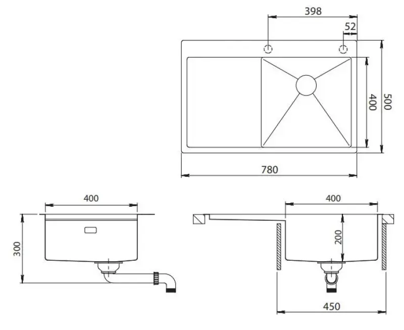 Ausmann Turt RVS diskho med avdroppsområde till vänster 780x500mm toppmontering och planmontering 1208956957