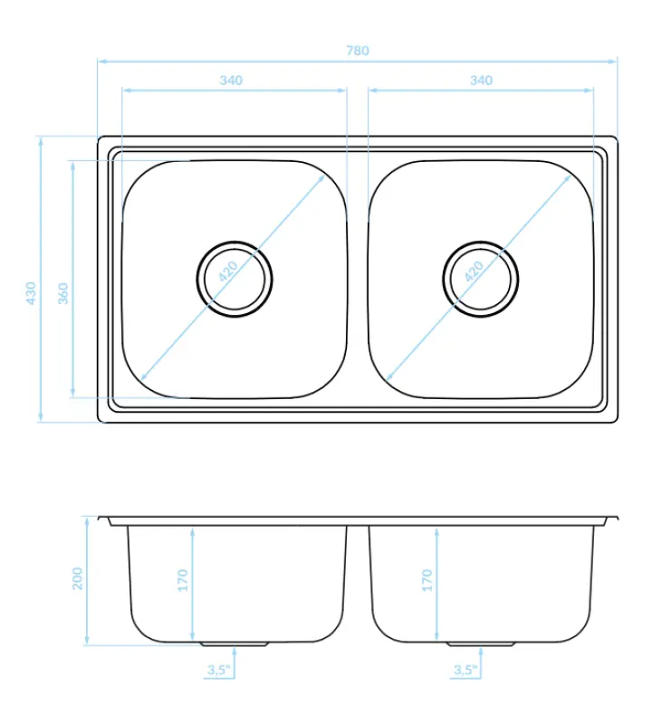 Ausmann Basic dubbel rostfri stålinbyggnad vask 78x43 cm inklusive sifon 1208956995
