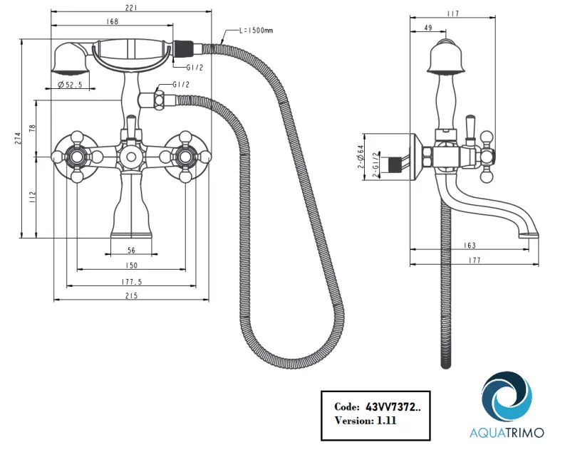 AquaTrimo Vivaldi klassisk badkarblandare med stjärnhandtag Krom inklusive handdusch 43VV7372CM