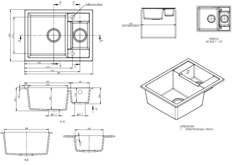 GraniteMy Smart extra grund 1,5 granit ovanpåliggande svart diskho reversibel 58x44cm 1208957386