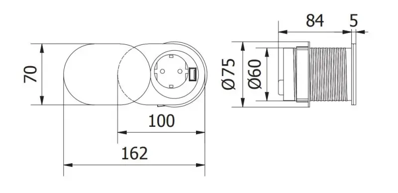 Indux Slide inbyggd köksuttag i arbetsbänk med USB C och uttag färg rostfritt stål 1208957391