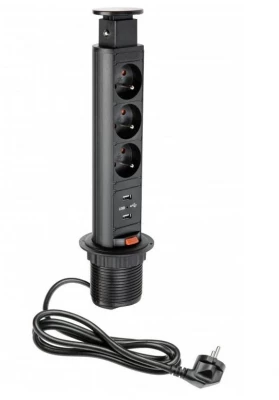 Indux Up & Down liten förzinkad jordplugg svart köksuttag i arbetsbänk med 3 uttag och 2 x USB 1208957418