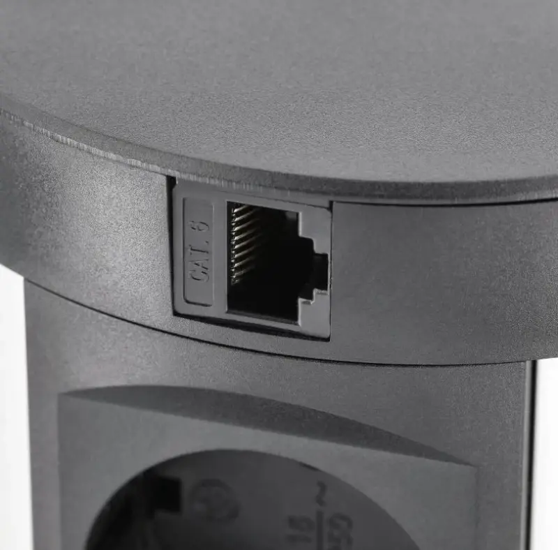 Indux Push infällbart jordat köksuttag svart i arbetsyta med 4 uttag, 2 x USB, 2 x RJ45 och trådlös laddning 1208957420