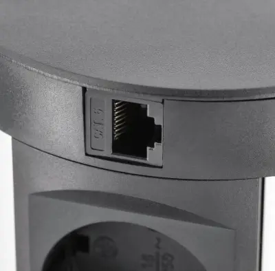 Indux Push sänkbar jordspett köksuttag svart i arbetsbänk med 4 uttag, 2 x USB, 2 x RJ45 och trådlös laddning 1208957421