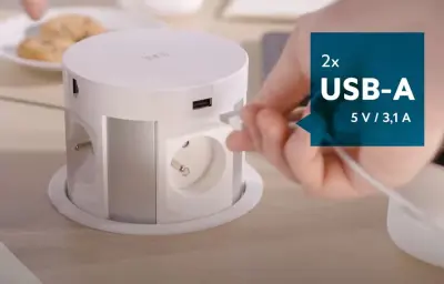Indux Push sänkbar jordspett köksuttag svart i arbetsbänk med 4 uttag, 2 x USB, 2 x RJ45 och trådlös laddning 1208957421