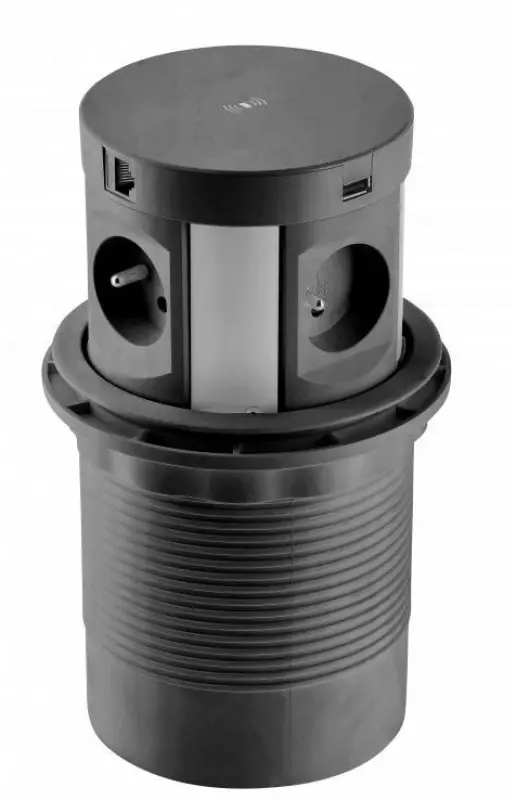 Indux Push sänkbar jordspett köksuttag svart i arbetsbänk med 4 uttag, 2 x USB, 2 x RJ45 och trådlös laddning 1208957421