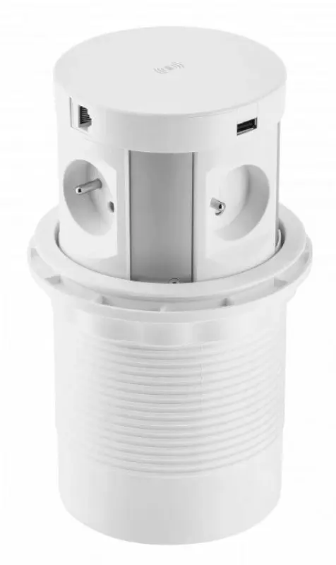Indux Push nedsänkbar jord vit köksuttag i arbetsbänk med 4 uttag, 2 x USB, 2 x RJ45 och trådlös laddning 1208957422