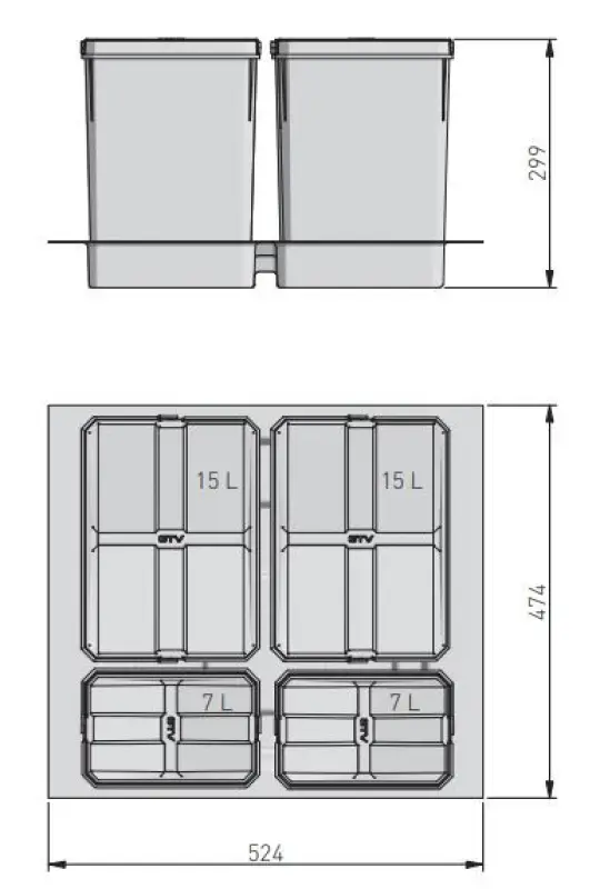 Garbi Basket B-60-4 sorteringssystem för avfall för låda 60 cm inklusive hållare och 4 avfallsbehållare 1208957475