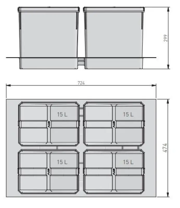 Garbi Basket B-80-4-G sorteringssystem för avfall för låda 80 cm inkl. hållare och 4 x 15 liters avfallsbehållare 1208957478