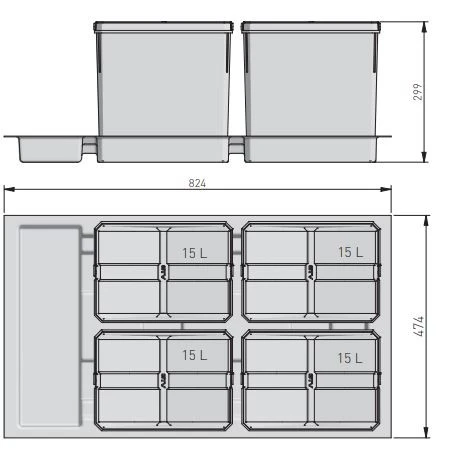Garbi Basket B-90-4 sorteringssystem för avfall för låda 90 cm inklusive hållare och 4 x 15 liter sopkärl 1208957479 - Productafbeelding 3