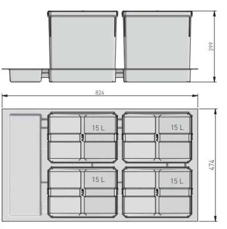 Garbi Basket B-90-4 sorteringssystem för avfall för låda 90 cm inklusive hållare och 4 x 15 liter sopkärl 1208957479