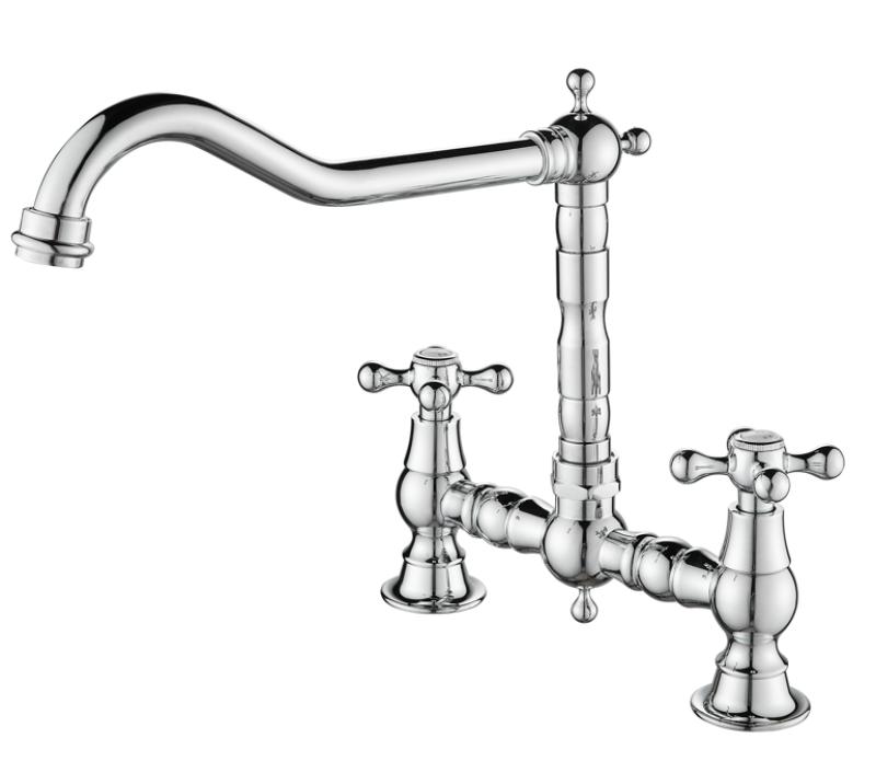 AquaTrimo Windsor 2-håls klassisk köksnostalgisk bro kökskran med vinkelutlopp krom 21WS7653CM