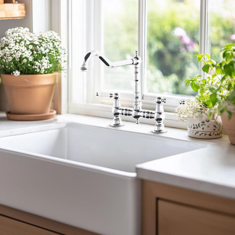 AquaTrimo Country 2-håls klassisk köks nostalgisk bro kökskran med vinklad pip krom 21CT7657CM