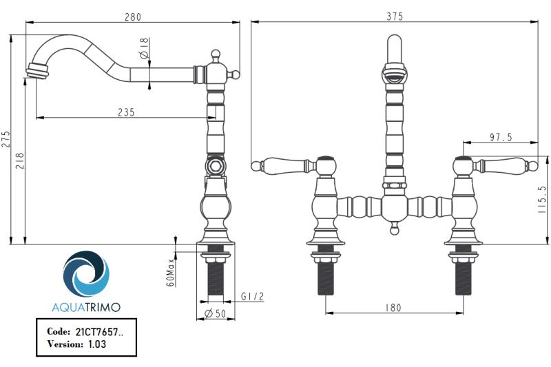 AquaTrimo Country 2-håls klassisk köks nostalgisk bro kökskran med vinklad pip krom 21CT7657CM