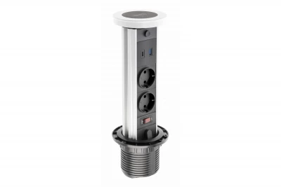 Indux Lift infällbart jordat vitt köksuttag i arbetsytan med belysning, 2 x USB och trådlös laddning 1208957838