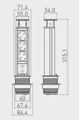 Indux Up & Down liten sänkbar jordspett silver köksuttag i arbetsbänk med 3 uttag och 2 x USB 1208957842