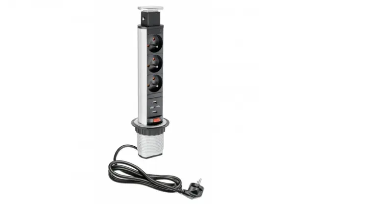 Indux Up & Down liten sänkbar jordspett silver köksuttag i arbetsbänk med 3 uttag och 2 x USB 1208957842