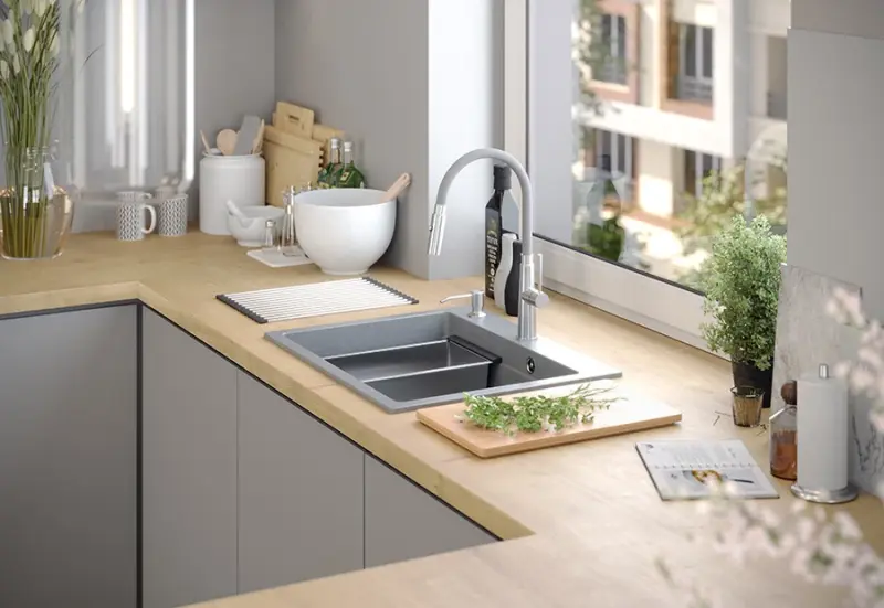 Quadri Durham vit granit påbyggnad diskho 595x500 med tvålpump, skärbräda, rullmatta, insatsbänk och rullmatta 1208957903