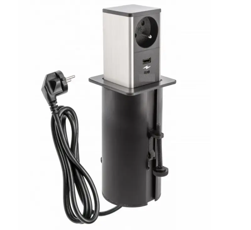 Indux Push utdragbart svart jordat uttag med 1xUSB A och 1xUSB C med rostfritt stållock 1208957928