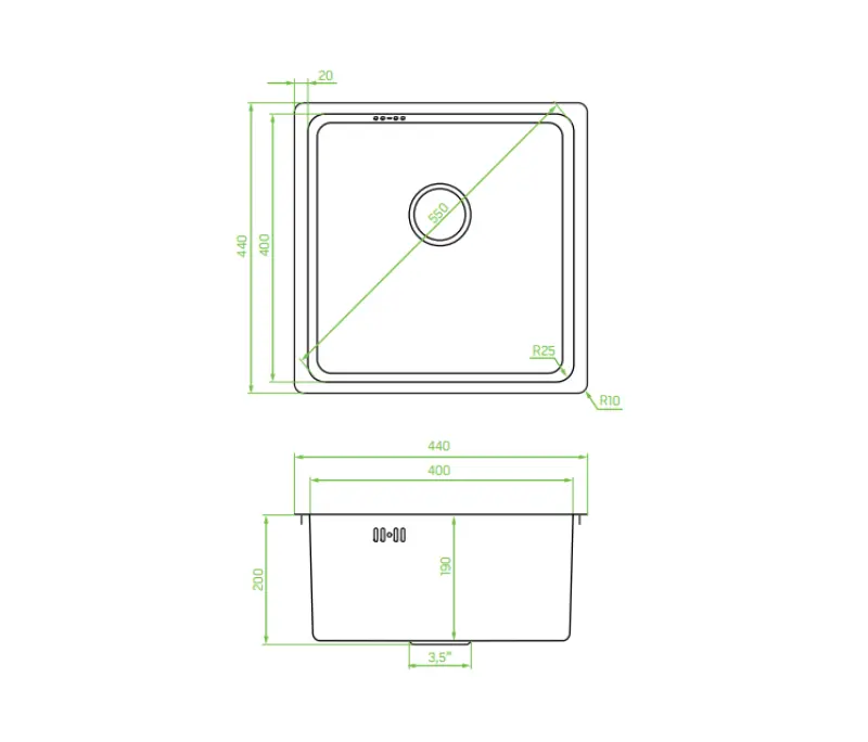 Aquadesign R25 stål ovanbänk, underbänk och infälld diskho i rostfritt stål 40x40 cm 1208958206