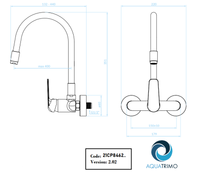 Aquatrimo Chopin väggmonterad kran krom med hög flexibel pip 21CP8462CM