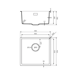 Lorreine BQ serie diskho 44x41cm undermontering svart med rostfri plugg 40BQ37-FU-INOX