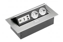 Skrivbordskabel 2x schuko-uttag, USB-uttag, ljud (banan), RJ45-uttag (Ethernet), utan kabel, aluminium 1208958663