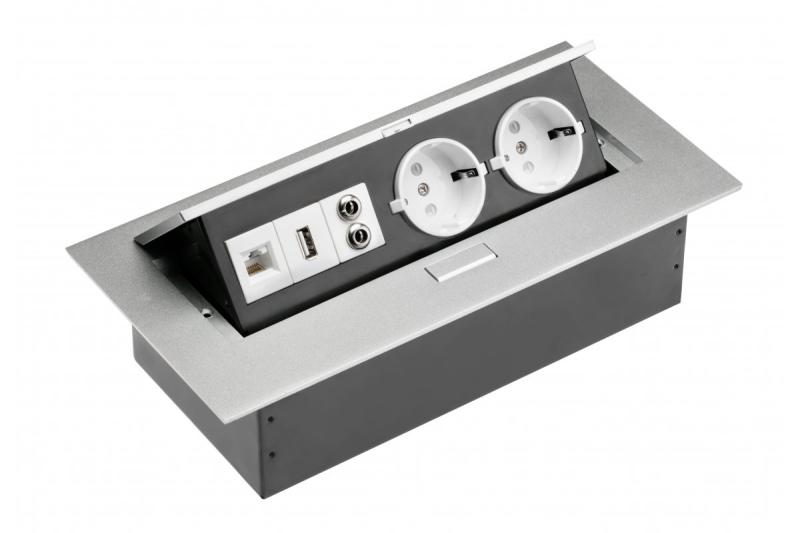 Skrivbordskabel 2x schuko-uttag, USB-uttag, ljud (banan), RJ45-uttag (Ethernet), utan kabel, aluminium 1208958663