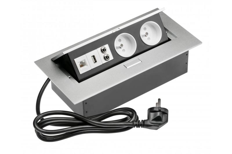 Skrivbordskabel 2x uttag med jord, gn. USB, ljud (banan), gn. RJ45, strömkabel med kontakt, aluminium 1208958677