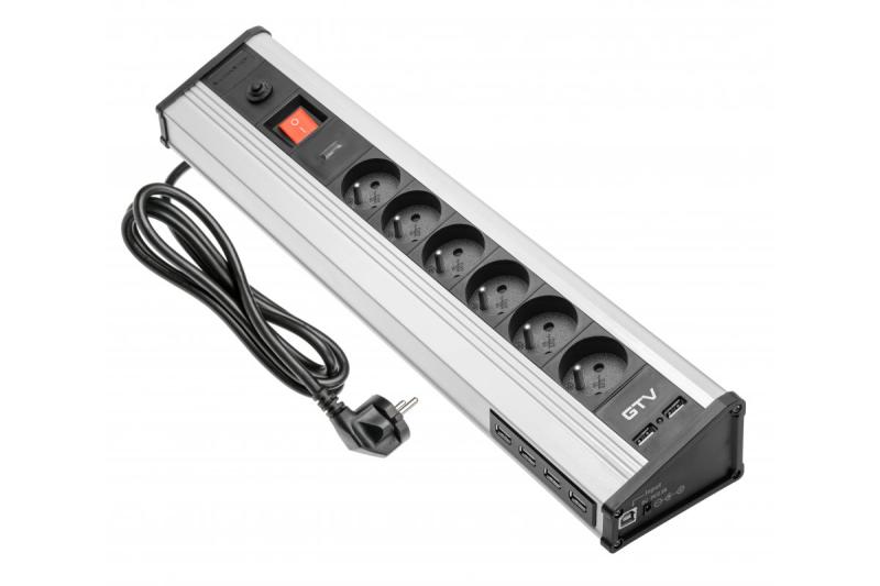 MULTI-skrivbordsförlängningskabel med överspänningsskydd, 6x uttag med jordning, 4x USB 1208958684