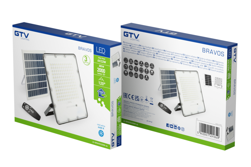 LED-strålkastare BRAVOS, 200W, 2000lm, 6400K, IP65, 120°, solpanel, fjärrkontroll, 3y 1208962683