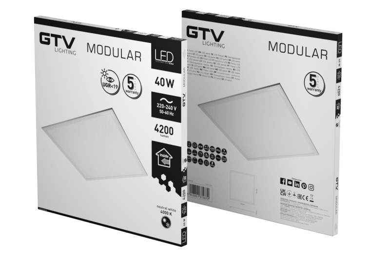 LED-armatur MODULAR, bakplatta, 60x60cm, 4000K, 40W, 4200lm, AC220-240V, PF>0,9, IP54, 5y, UGR<19 1208963000