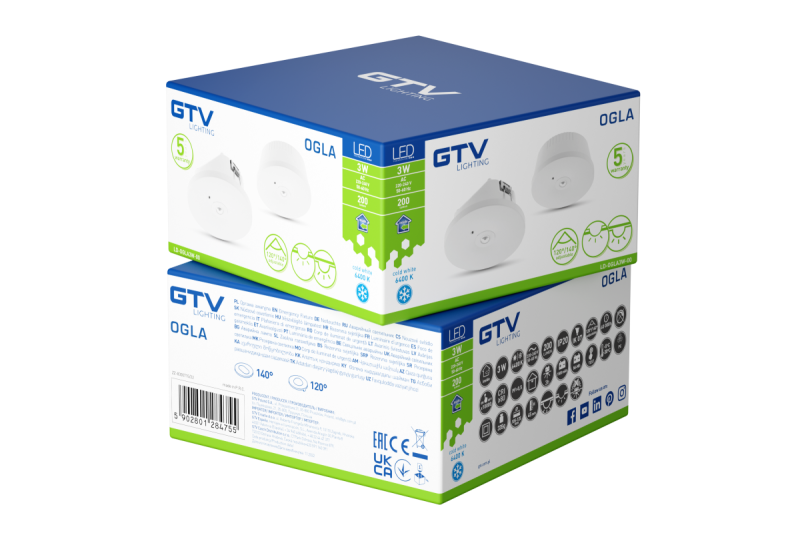 Nödbelysningsarmatur OGLA LED, 3W, 200lm, AC220-240V, 50-60Hz, IP20, 6400K, 3H, enkel uppgift, TEST-knapp 1208963016