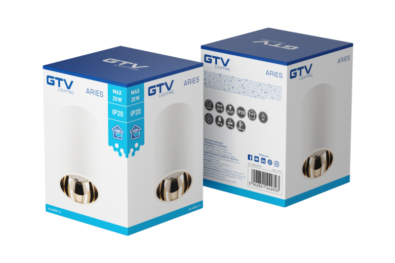 Dekor Taklampa ARIES PC 73x105mm IP20 max 20W rund vit/guld. 1208963819