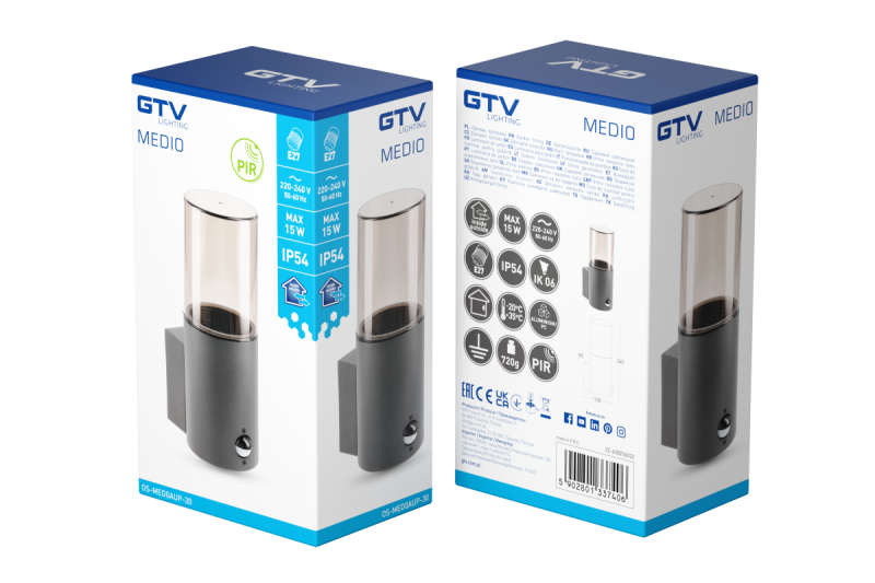 Dekor Trädgårdsarmatur MEDIO-AU PIR E27 MAX.15W IP54 AC220-240V 50-60Hz övre vägglampa grafit. 1208963938