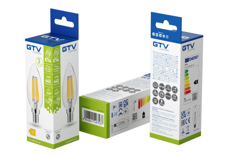 LED LJUSKÄLLA, FILAMENT, A-G, C35, 4000K, E14, 5,8W, AC220-240V, 360°, 640lm, 50mA 1208966965