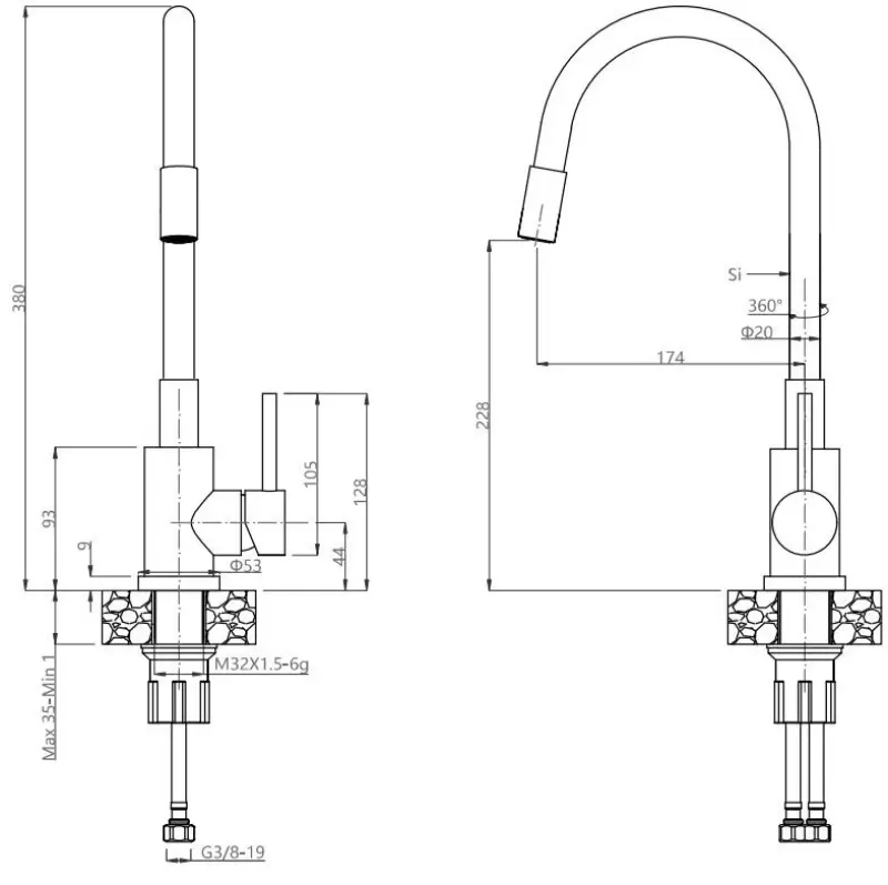 Quadri Dixton 50 set med rostfri diskbänk 500x450 mm med kranhål ovanpå och rostfri Bristol kökskran