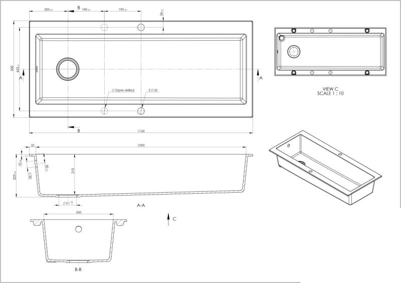 GraniteMy Trog granit mycket stor svart diskho 116x50 cm svart ovanpå med kranhål med kopparplugg 1208967238