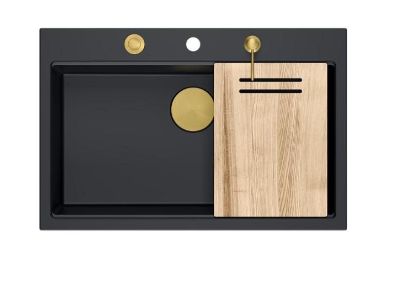 Quadri Hard Rock mattsvart granit ovanpå stor diskho 76x50cm inklusive guldplugg och tillbehör 1208967277