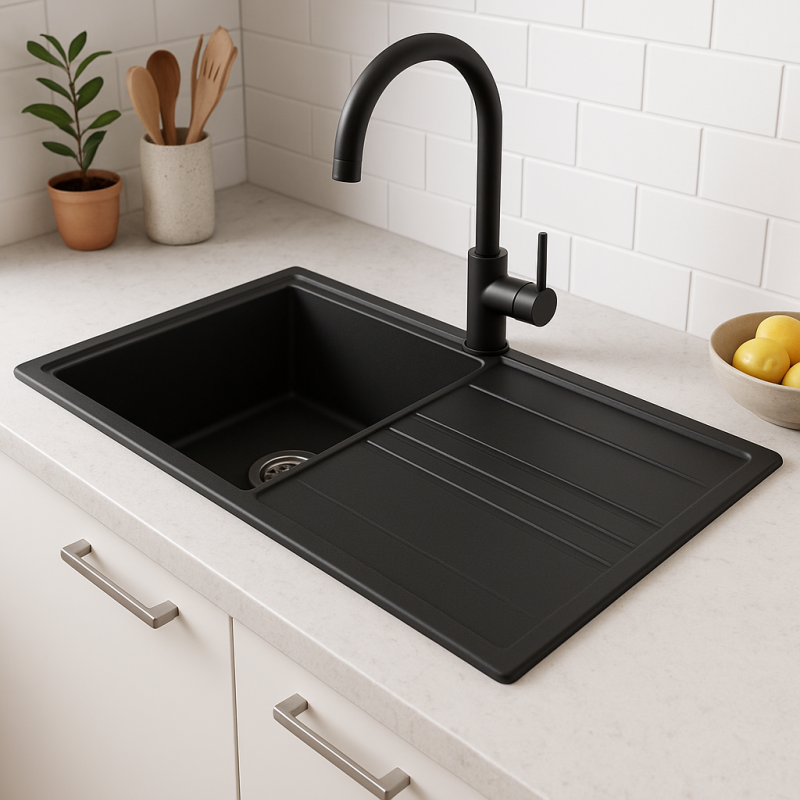 GraniteMy Vesi granit byggd svart diskho 86x50cm med avrinning omvändbar med rostfritt stål plugg 1208967279