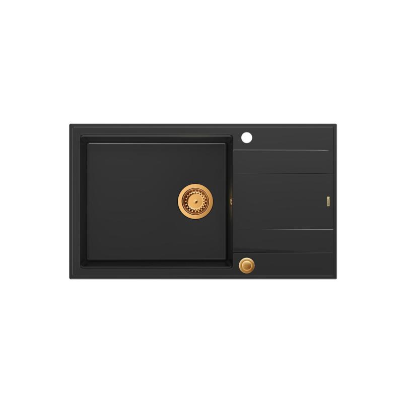 Quadri Luton svart granit stor ovanpåliggande diskbänk med avrinningsyta omvändbar 86x50cm med kopparplugg 1208967326