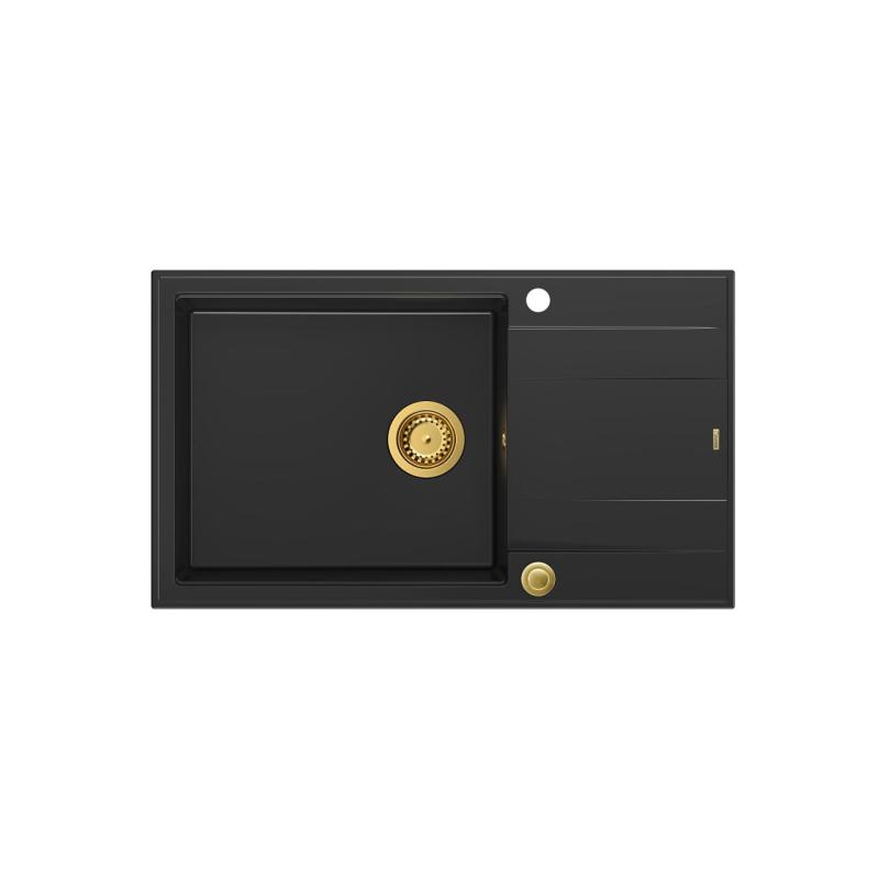 Quadri Luton svart granit stor påläggningsdiskho med avrinning, vändbar 86x50 cm med guldplugg 1208967327